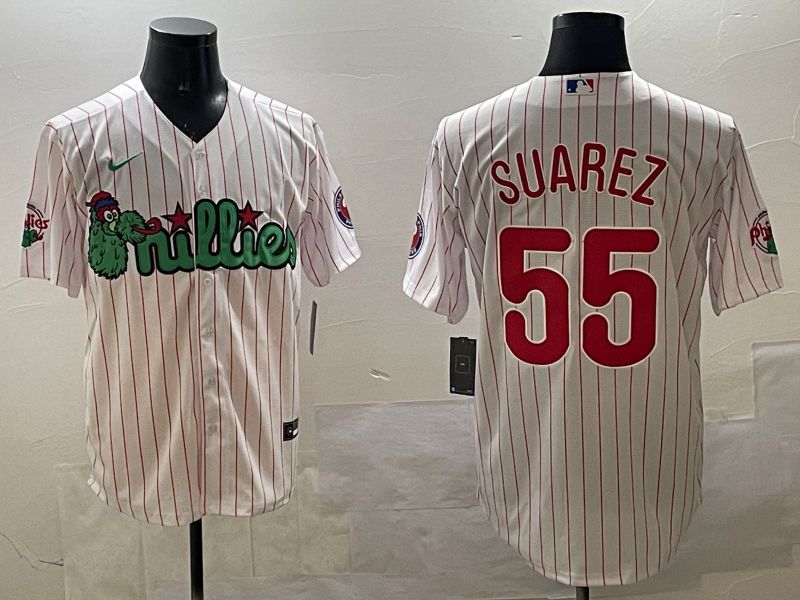 Men Philadelphia Phillies #55 Suarez White Stripe Three generations Joint Name Game 2025 Nike MLB Jersey style 1->philadelphia phillies->MLB Jersey